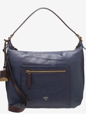 Fossil Vickery navy shoulder bag with crossbody strap Silver hard